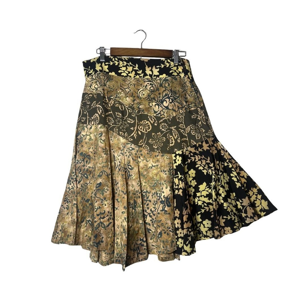 Santiki Batik Patchwork Floral Midi Skirt Brown Hippie Boho Resort M